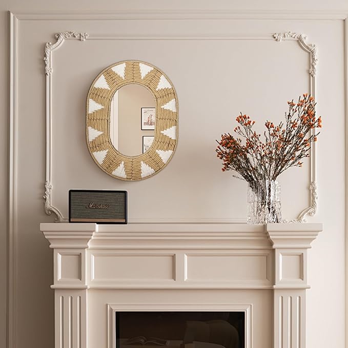 Briful Bohomain Wall Mirror Oval Decorative Mirror Seagrass Wall-Mounted Mirror Farmhouse Home Décor, Hanging Wall Art for Living Room Bedroom Dining Room, Size-16.54''x12.6''