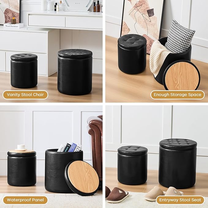 Round Ottoman with Storage Set of 2, 12.6" W x 14.17" H & 14.76" W x 17.32" H Faux Footstool Storage Ottomans for Bedroom, Living Room Padded Coffee Table Ottomen, Black