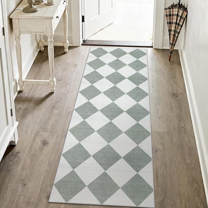 Beeiva Checkered Print Bathroom Runner Rug 2x6, Washable Non Slip Runner Rug for Hallway Ultra Thin Soft 2x6 Capet for Bedroom Decor, Modern Diamond Alfombra for Kitchen Laundry Entryway (Green/White)