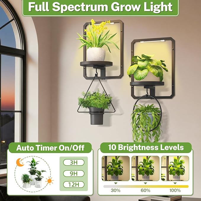 iDavosic.ly Wall Plant Picture Frame Holder Set of 2 with 2 Grow Light for Indoor, Metal Stand with Hanging Hooks, Space Saving Floating Flower Display Decor (Pots/Chains/Plants Not Included)
