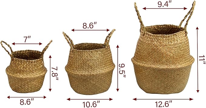 Casaphoria Woven Seagrass Belly Basket for Storage Plant Pot Indoor,Decorative Sturdy and Durable Natural Material Sea Grass Baskets with Handles,Seaweed Round Basket for Organizing(Large)