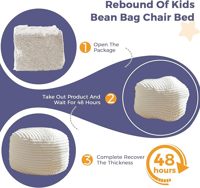 MAXYOYO Kids Bean Bag Chair Bed, Convertible Children Chair to Floor Mattress with Filler, Faux Fur Bean Bag Bed Stuffed Child Sofa Couch for Girl Boy Sleeping, Machine Washable Cover, Beige