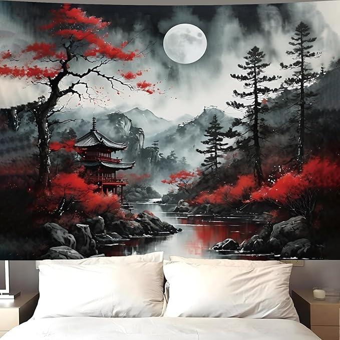Atrippy Anime Japanese Wall Tapestry for Bedroom Aesthetic, Large Black Forest Moon Tapestry Wall Hanging, Vintage Nature Mountain Art Decor Tapestries Dark Landscape Backdrop for Living Room 60"X79"