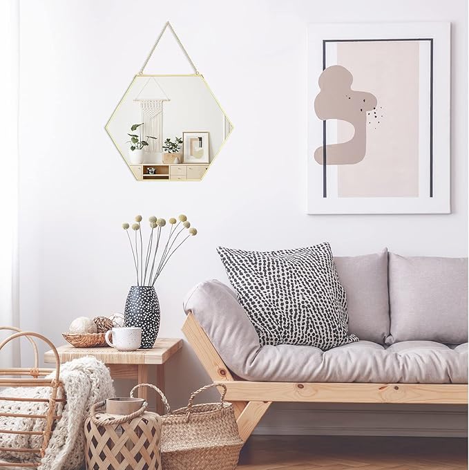 LONGWIN Hanging Wall Hexagon Mirror Decor Gold Geometric Mirror with Chain for Bathroom Bedroom Living Room 11.8"x 10.2"