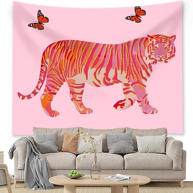Tiger Aesthetic Tapestry - Pink Butterfly Tapestries, Boho Wall Tapestries, Picnic Sheet Wall Decor Blanket for Girl Bedroomfor Bedroom, Living Room, Dorm - 50 x 60 Inch