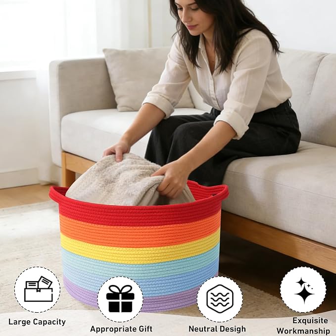 90L Large Blanket Basket,21.7"L x 21.7"W x 13.8"H Rope Woven Baskets with Handles, Toys Storage Bins,Laundry Basket Perfect for Living Room, Nursery,Bedroom,Home Organization,Rainbow