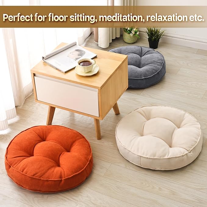 Floor Pillow Set of 2, Memory Foam Floor Cushions for Adults, Large Meditation Pillow for Sitting, 22 x 22 Inches (Round | Beige)