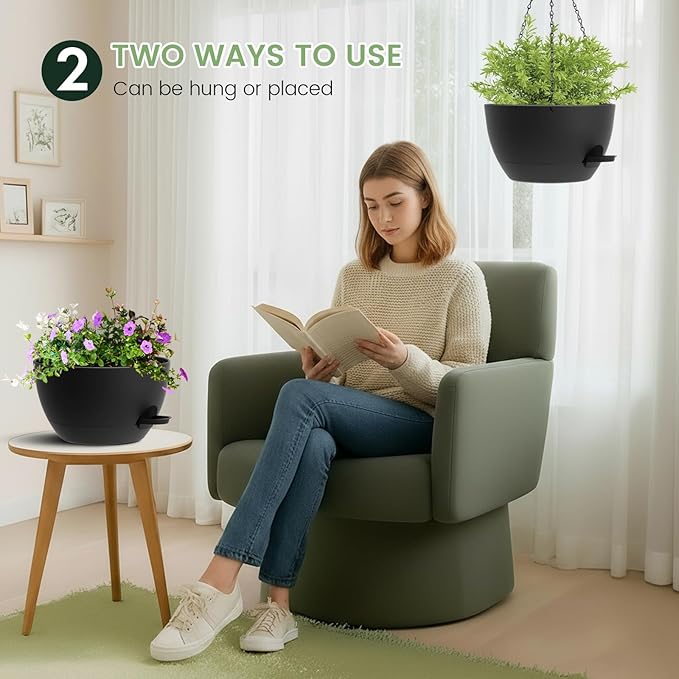 3 Pack 10 Hanging Flower Pots with Chains Self Watering Plastic Planters for Indoor Outdoor Plants, Sturdy Triangular Iron Chain Design for Garden PorchPlastic Hanging Flower pots (3, Black)