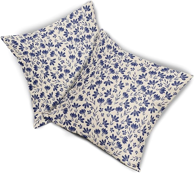 Navy Blue Floral Pillow Covers 16x16 Set of 2 Vintage Rustic Old Style Cute Small Flower Blue Cream Print Decorative Outdoor Pillowcases Farmhouse Throw Cushion Case Decor for Couch Sofa Bed