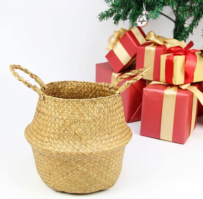 Casaphoria Woven Seagrass Belly Basket for Storage Plant Pot Indoorb,Decorative Sturdy and Durable Natural Material Sea Grass Baskets with Handles,Seaweed Round Basket for Organizing(Small)