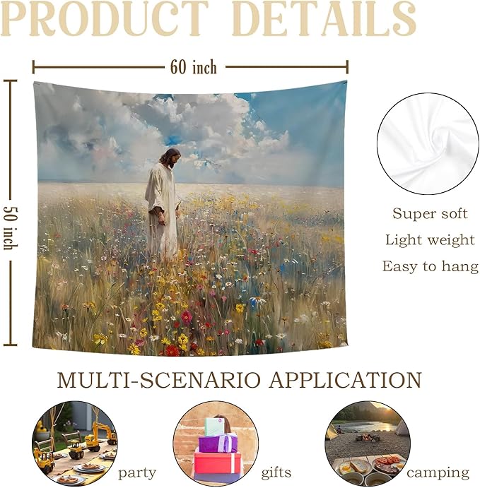 bitCNY Jesus Walking in Wildflower Field Tapestry – Christian Wall Art, Spiritual Home Decor, 50x60 Inch Fabric Hanging for Living Room Bedroom