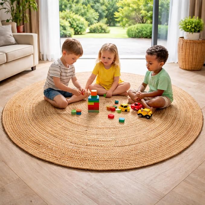 Savi Home Jute Area Rug Handwoven - 8 feet Round Natural - Rustic Vintage Beige Braided Reversible Rug- Eco Friendly Rugs for Farmhouse, Bedroom, Kitchen, Living Room