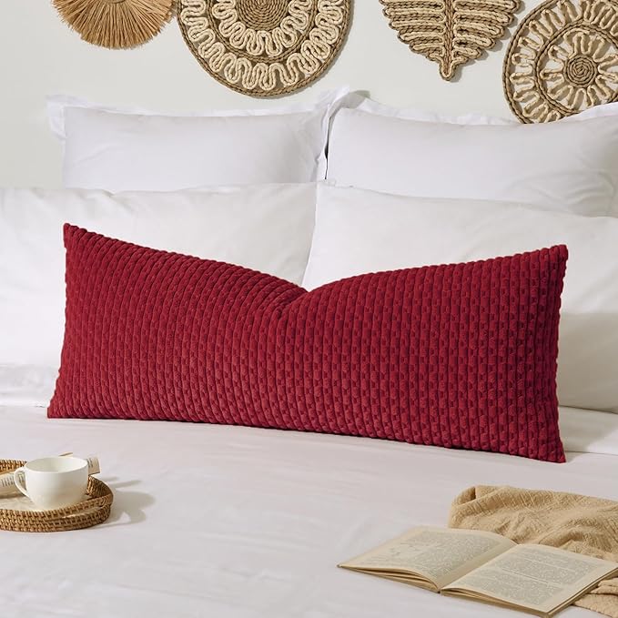 Kevin Textile Valentines 20x54 Inch Long Body Lumbar 1 Pack Boho Decorative Throw Pillow Cover Soft Striped Corduroy Rectangle Cushion Case Farmhouse Accent for Living Room Couch Sofa Bed, Burgundy