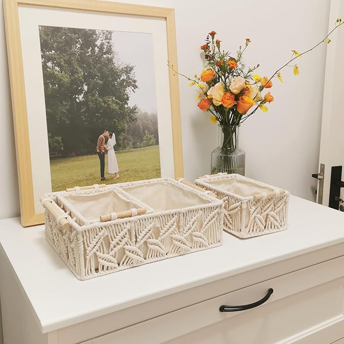 ANMINY 3PCS Macrame Storage Baskets for Organizing Boho Decor Baskets Storage Bins with Wood Handles Handmade Decorative Storage Boxes Desk Toilet Tank Bathroom Self Basket Organizer - Leaves