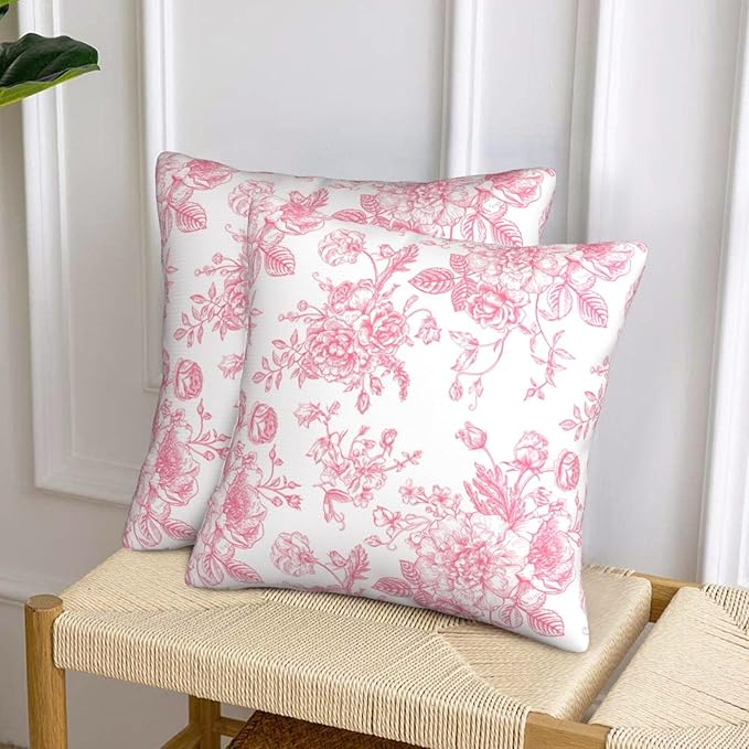 Pink and White Floral Throw Pillow Covers 18x18 Inches Set of 2, Decorative Vintage Chinoiserie Flower Pillow Case Farmhouse Cushion Covers for Sofa Bed Couch Living Room