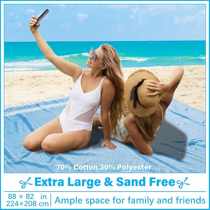 Oversized Turkish Beach Towel Blanket XXL Cotton Sandproof Towels Boho Woven Extra Large Big Sand Free Giant Throw Blankets Huge Quilt XL Picnic Camping Necessities Cloud For Adult Gifts Blue