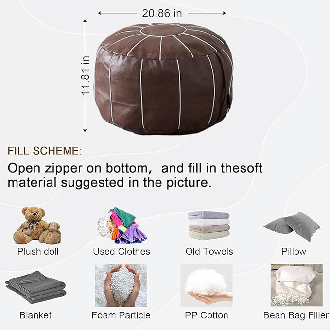 Louis Donné Unstuffed Round Pouf Ottoman Cover, Handmade Moroccan Decorative Pu Footstool Seat, Small Bean Bag with Storage, Floor Chair Footstool for Living Room, Bedroom Balcony(ONLY Cover)
