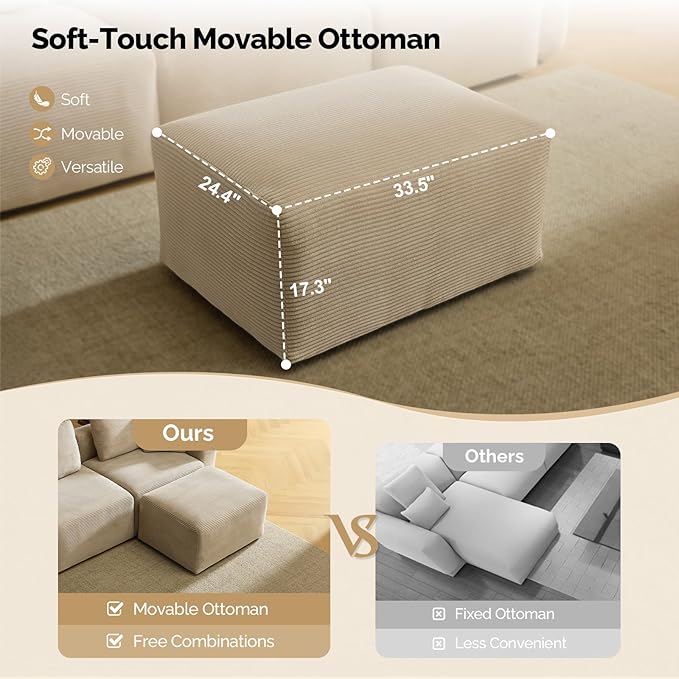VINGLI 112.2“ Convertible Corduroy Cloud Sectional Couches with Movable Ottoman, L-Shaped Boneless Couches for Living Room with Deep Seat, 3 Seater Modular Spineless Sofa, No Assembly Required, Khaki