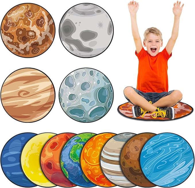 Tinideya 12 Pcs Kids Carpet Circle Seats for Class 16 Inch Round Classroom Rug Floor Cushions Soft First Day of School Educational Mat Non Slip Back to School Learning Playing Areas(Space Planet)