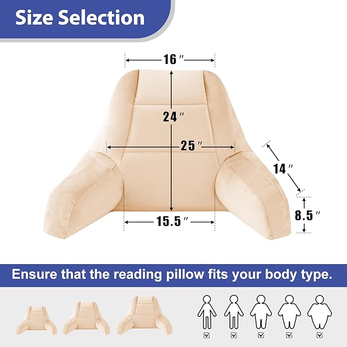 Reading Pillows for Sitting in Bed Adult, Back Pillow for Bed Sitting Up, Backrest Pillows with Shredded Foam for Adult&Teens, Support Pillow with Arms for Beds, Couch, Floor, 24in, Beige