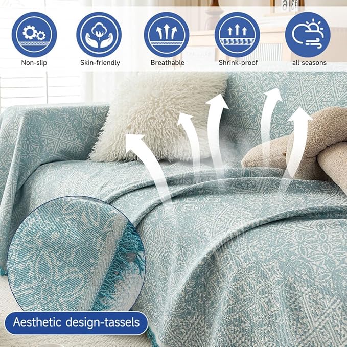 ROOMLIFE Blue Couch Cover Boho Sofa Covers for 3 Cushion Couch Washable, Furniture Protector Sofa Couch Cover for Dogs, Soft Breathable Sofa Slipcover, Couch Throw Blankets with Tassels 71''X118''