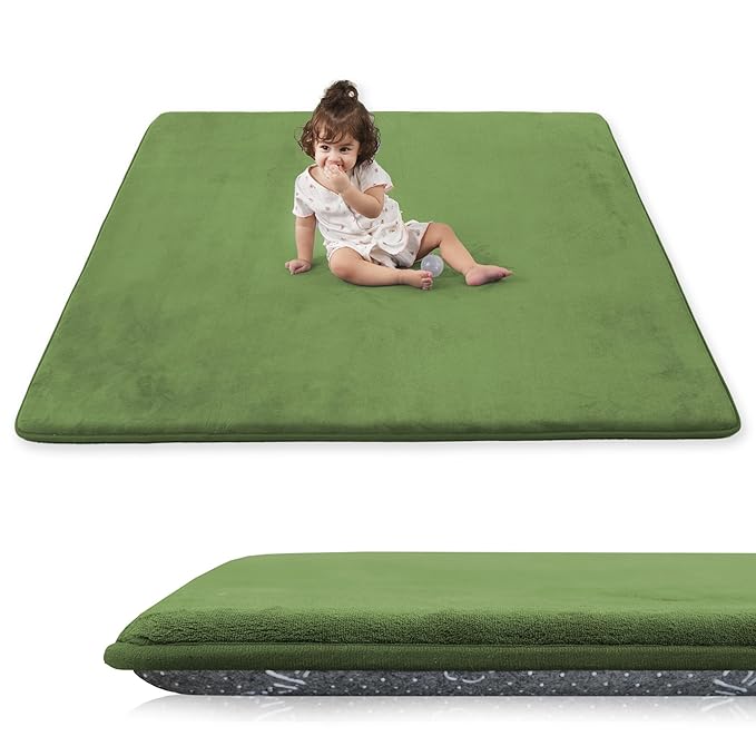 1.3" Thick Baby Play Mat for Floor, 79x79 Playpen Mat, Pro Soft Flannel Foam Mats Toddler Infant Kids Crawling for Nursery Rug Playroom Living Room Waterproof Easy Care Non-Slip (Olive)