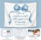 LIANGW Light Blue Bible Verse Christian Wall Tapestry – Proverbs 31 Bible Blue Bow Aesthetic for Girls Bedroom or Dorm Room,Faith-Based Blue Room Decor Aesthetic, 50x60 Inch