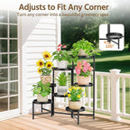 LASZOLA 7 Tier Large Plant Stand Indoor Tall with 10 Inch Metal Tray, Corner Folding Flower Display Rack, Modern Plant Holder Shelf for Outdoor Patio Porch Garden Office Living Room, Black