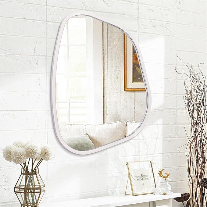 White Irregular Oval Wall Mirror Large 26"x18" Inches Asymmetrical Mirror Modern Wood Frame Unique Shape Wall Mounted Vanity Artistic Mirror Decor for Living Room Bedroom Bathroom Entryway