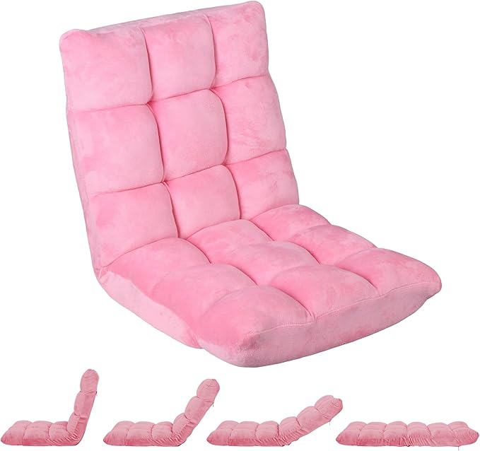 SUPER DEAL 14-Position Folding Floor Chair Gaming Sofa Cushioned Padded Reclining Bed Lounge Couch Seating for Comfy Reading, Reading, Gaming, Relaxing, Watching TV, Pink