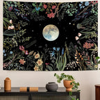 Amhokhui Moonlit Garden Tapestry Boho Moon Tapestry Floral Flower Tapestries Colorful Plants Tapestries Black Wall Hanging Decor for Home