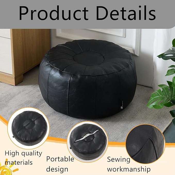Louis Donné Unstuffed Pouf Ottoman Cover, Handmade Faux Leather Moroccan Pouf Ottoman Footstool, Floor Footrest Cushion, 21x12inch Black Storage Solution Poufs for Lving Room Gifts, ONLY Cover