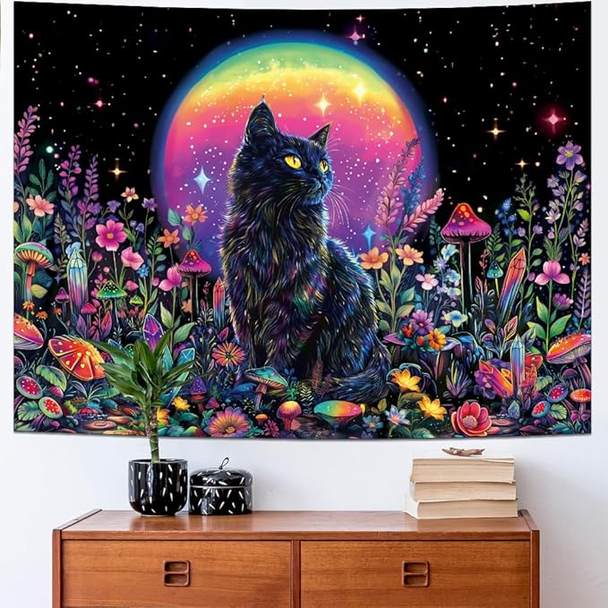 Dermijer Blacklight Black Cat Tapestry UV Reactive Moon Stars Floral Wall Hanging Tapestry Moonlit Garden Home Decor for Bedroom Living Room Dorm 78.7L x 59.1W