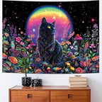 Dermijer Blacklight Black Cat Tapestry UV Reactive Moon Stars Floral Wall Hanging Tapestry Moonlit Garden Home Decor for Bedroom Living Room Dorm 92.5L x 70.8W