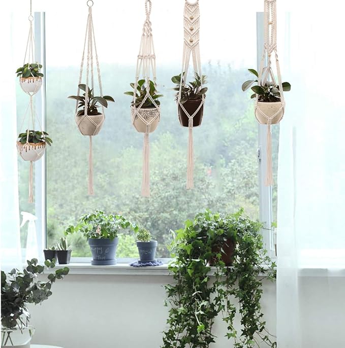 Macrame Plant Hangers Handmade Cotton Rope Flower Pot Holder Boho Theme Indoor Outdoor - Pack of 5 with Ceiling Hooks