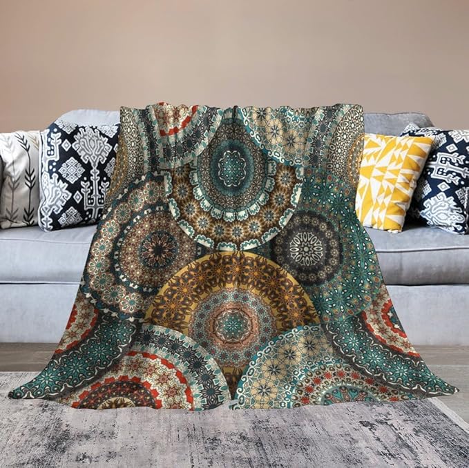 Bohemian Throw Blanket Colorful Vintage Floral Mandala Flower Aztec Boho Blanket for Sofa Bed Couch Chair Or Dorm 60"x80"