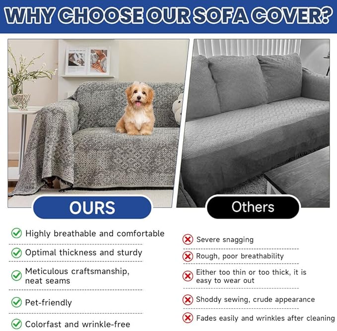 ROOMLIFE Couch Cover Black Boho Sofa Covers for 3 Cushion Couch Washable, Furniture Protector Sofa Couch Cover for Dogs, Soft Breathable Sofa Slipcover, Couch Throw Blankets with Tassels 71''X150''