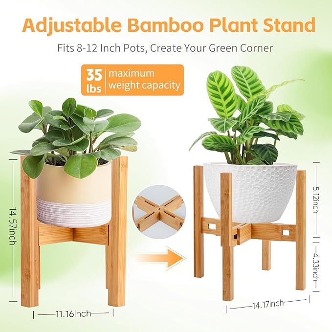 Adjustable Bamboo Plant Stand for Indoor Plants, Holder Rack Fits 8"-12" Pots for Living Room, Bedroom, Corner - Space Saving Shelf (Pot & Plant Not Included)(primary color)
