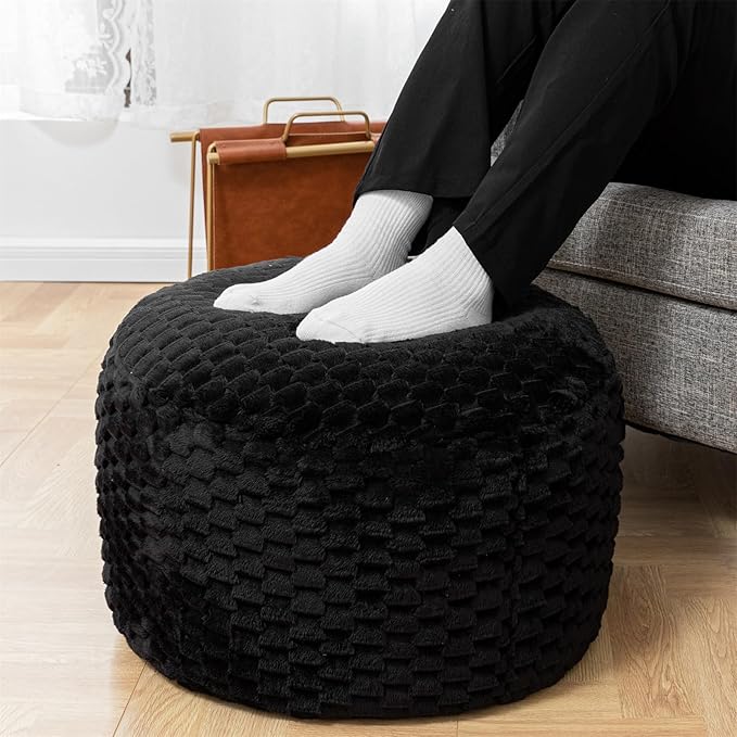 Round Pouf Ottoman Stuffed Plush Fiber Pouf Ottoman Footrest Foot Stool Bean Bag Ottoman Floor Pouf for Bedroom Living Room Accent Seat 20x12inches with Modern Foam Filler (Black)