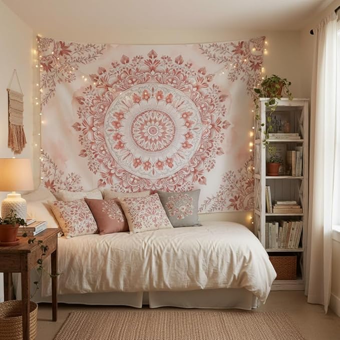 Accnicc Pink Floral Mandala Tapestry Wall Hanging Boho Medallion Tapestry Aesthetic Watercolor Flower Cute Large Tapestries for Bedroom Living Room Dorm Decor 80 x 60 Inch