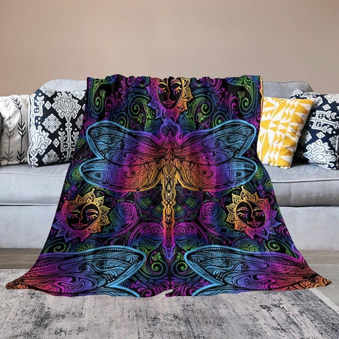 Mandala Boho Throw Blanket Colorful Dragonfly Sun Bohemian Blanket for Sofa Bed Couch Chair Or Dorm 40"x50"