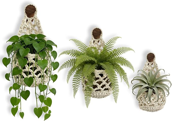 Macrame Plant Hanger Set of 3, Boho Wall Hanging Planter for 4-6 Inch Pots - Handwoven Cotton Rope Wall Decor with S-Hooks for Indoor Plants in Living Room, Bedroom & Office