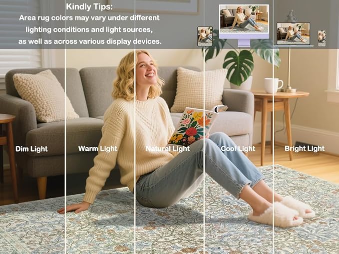 Extra Large 10x14 Area Rug for Living Room, Washable Rugs for Dining Room, Bedroom, Non Slip Stain Resistant Carpet, Low Pile Vintage Floral Rug (Beige Blue)
