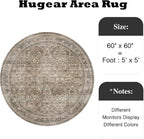 HUGEAR 5ft Round Rug Entryway Rugs Machine Washable Brown Hallway Area Rug 5x5 Small Circle Floral Low Pile Carpet Vacuumable Throw Rug Living Room Laundry Entrance Non Slip Soft Lightweight