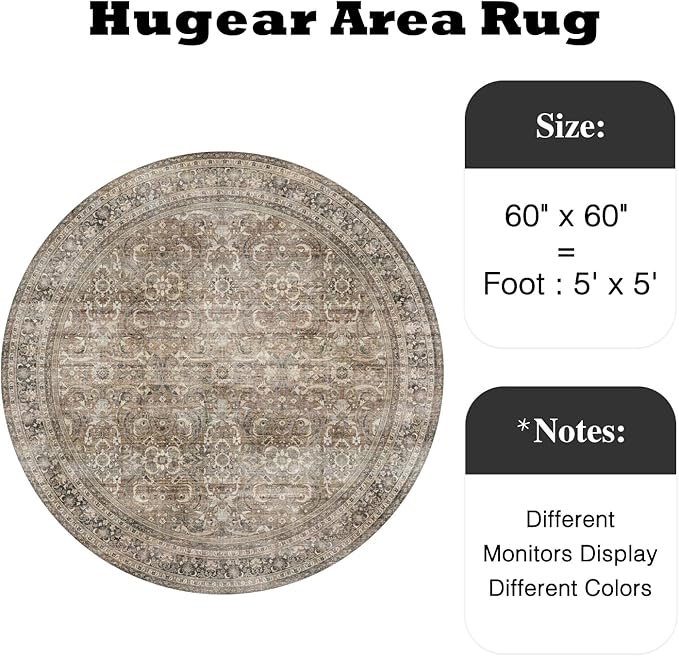 HUGEAR 5ft Round Rug Entryway Rugs Machine Washable Brown Hallway Area Rug 5x5 Small Circle Floral Low Pile Carpet Vacuumable Throw Rug Living Room Laundry Entrance Non Slip Soft Lightweight