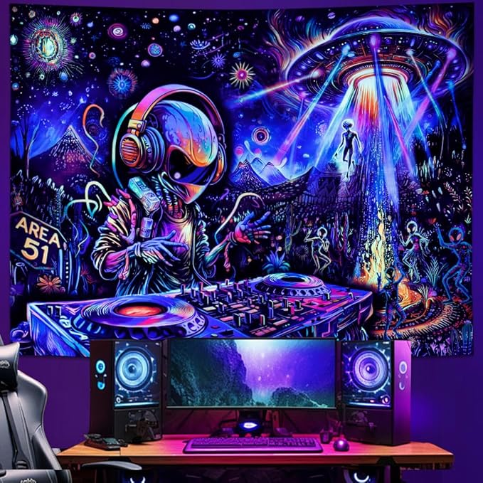 Galoker Blacklight Alien UFO Tapestry Trippy Galaxy Planet Tapestry UV Reactive Funny DJ Music Wall Tapestries Plant Cactus Tapestries Wall Hanging for Home Decor(70.8"x92.5")