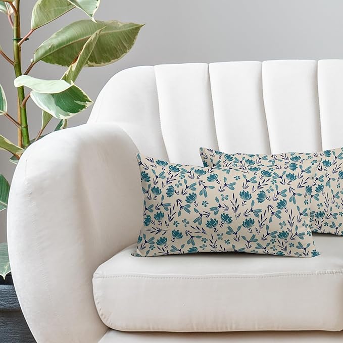 Navy Blue Teal Floral Pillow Covers 12x20 Set of 2 Vintage Rustic Old Style Cute Small Flower Print Rectangle Decorative Outdoor Pillowcases Farmhouse Throw Cushion Case Decor for Couch Sofa Bed