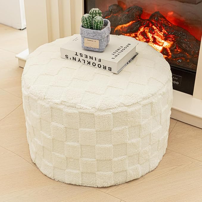 Round Pouf Ottoman Boho Poof Home Decor Floor Pouffe Ottoman Foot Rest for Couch Sofa Bean Bag Chairs Living Room Bedroom 20 x 20 x 14 Inches Ivory Checkered Pouf with Filler