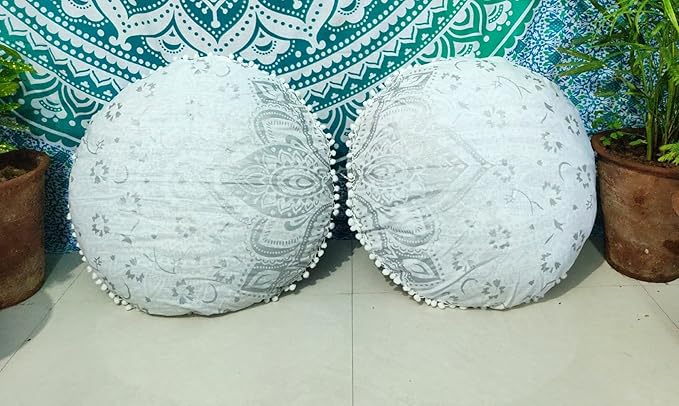 CRAFT KALA Mandala Floor Pillow Cushion Cover Seating Throw Cover Hippie Decorative Bohemian Ottoman Poufs Pom Pillow Cases Indian Cotton Living Room Home Décor 24" Round Set Of 2, White Silver Flower