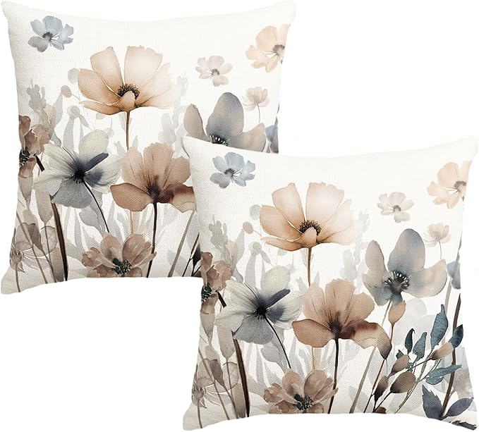 AVOIN colorlife Poppy Flowers Chinoiserie Throw Pillow Covers, 18 x 18 Inch Seasonal Leaves Cushion Case Decoration for Sofa Couch Set of 2
